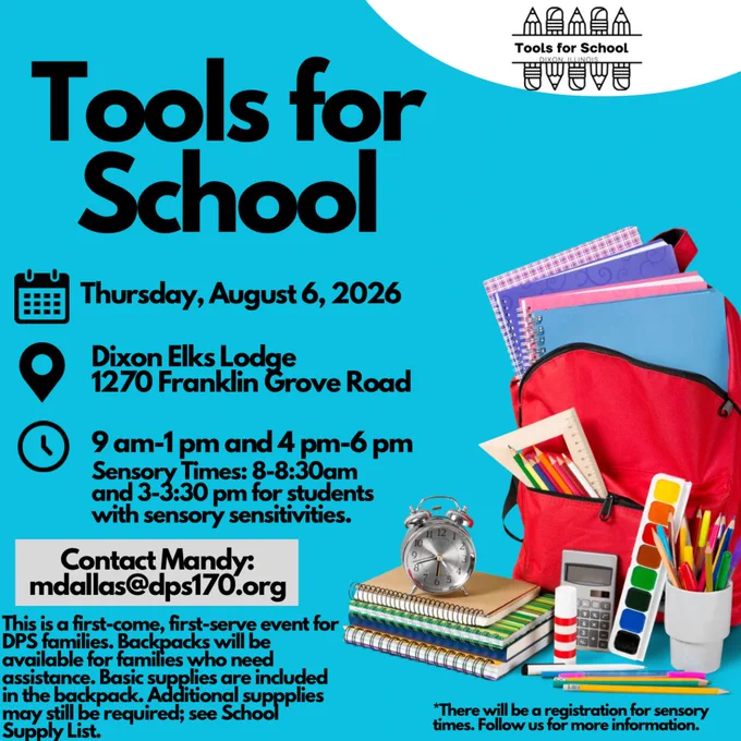 tools for school dixon with bookbag and colored pencils