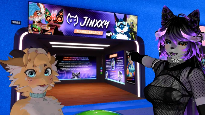 Zelfine avatars pointing at the Jinxxy Furality Booth