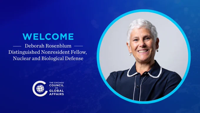 Council graphic announcing Deborah Rosenblum as a Distinguished Nonresident Fellow on Nuclear and Biological Defense, featuring her title and headshot over a blue background.