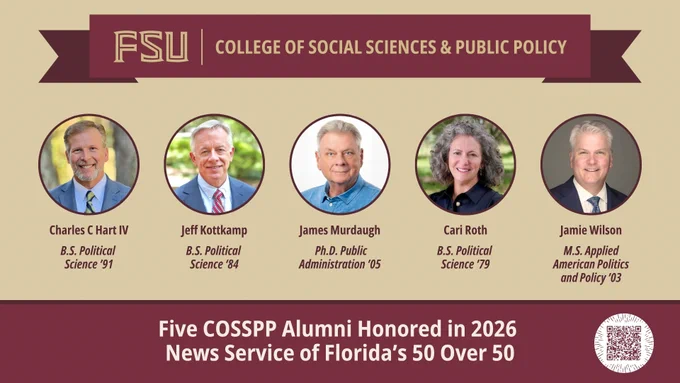 College of social sciences & public policy
Charles C. Hart IV
Jeff Kottkamp
James Murdaugh
Cari Roth
Jamie Wilson
Five COSSPP Alumni Honored in 2026 News Service of Florida’s 50 Over 50
