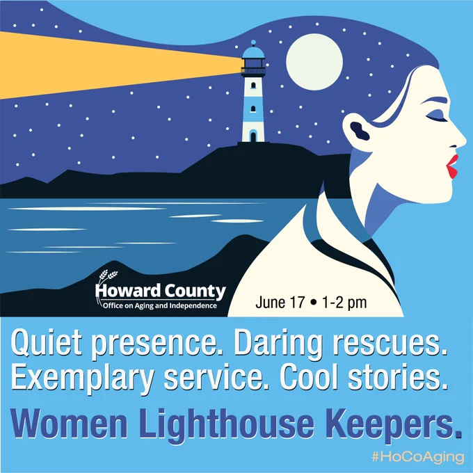 Illustration of a lighthouse shining over calm waters under a starry night sky with a full moon, promoting Women Lighthouse Keepers event.