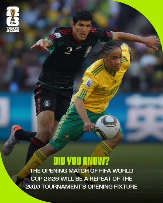 A graphic featuring Steven Pienaar of South Africa and Francisco Rodriguez of Mexico during the 2010 FIFA World Cup opening fixture, featuring text which reads:

Did you know?

The opening match of FIFA World Cup 2026 will be a repeat of the 2010 tournament’s opening fixture