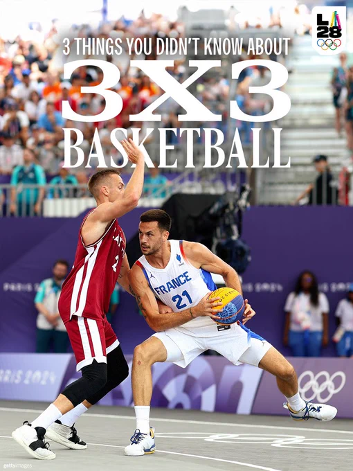 "3 Things You Didn't Know about 3x3 Basketball" in white font can be pictured above two 3x3 basketball olympians competing in Paris 2024.