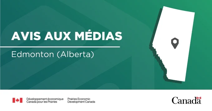 Illustration de la province du Alberta avec un marqueur de localisation indiquant où se trouve Edmonton, accompagné du texte : « Avis aux médias; Edmonton (Alberta) ».