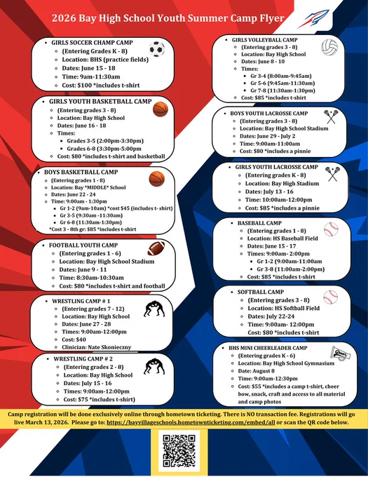Bay High School Athletics Camp Flyer for Summer of 2026