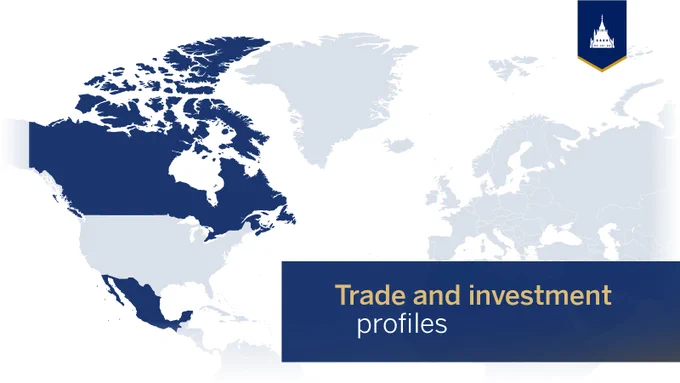 Featured research publications: Trade and investment profiles, with a world map highlighting Canada and Mexico. 