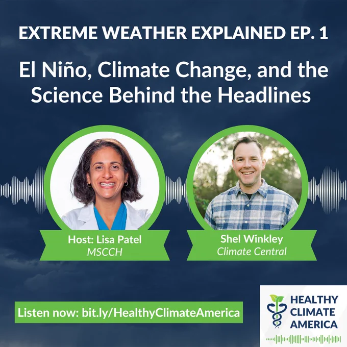 Promotional graphic for the podcast series “Extreme Weather Explained,” Episode 1. Large white text reads: “El Niño, Climate Change, and the Science Behind the Headlines.” Two circular headshots appear on a dark, stormy-blue background with an audio waveform running behind them. On the left is host Lisa Patel, labeled “MSCCH.” On the right is Shel Winkley, labeled “Climate Central.” A green banner at the bottom reads, “Listen now: bit.ly/HealthyClimateAmerica.” The Healthy Climate America logo appears in the lower-right corner.