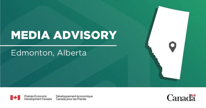 Illustration of Alberta with a location marker pin-pointing Edmonton, with text "Media Advisory; Edmonton, Alberta".