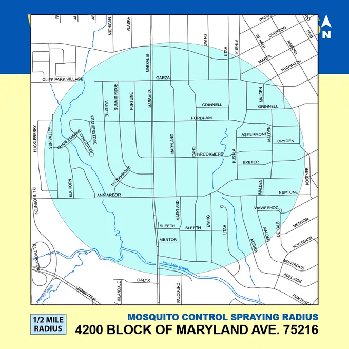 Map showing a half-mile mosquito control spraying radius around the 4200 block of Maryland Ave, 75216, with street names and water features.