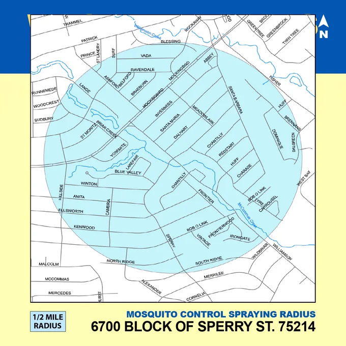 Map showing a half-mile mosquito control spraying radius centered on the 6700 block of Sperry Street, 75214, with surrounding streets and waterways labeled.