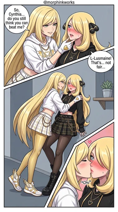 Three-panel anime comic strip in vibrant colors with soft lighting. Panel 1: Smiling blonde in white cropped hoodie and gold heart accessories gently lifts the chin of a blushing blonde in black outfit, saying "So, Cynthia... do you still think you can beat me?" Panel 2: She embraces her from the side as the other protests "L-Lusmaine! That’s... not fair..." Panel 3: Close-up of their intimate kiss with pink blush, heart icon, and "Chu" sound effect. Playful, flirty yuri vibe by @morphinkworks

