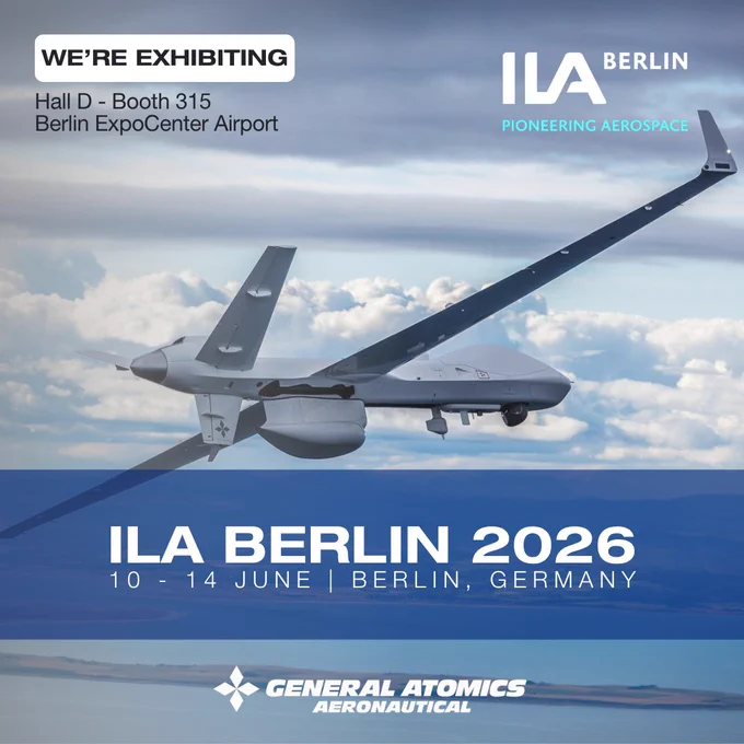 Unmanned aerial system flying over a landscape, promoting General Atomics Aeronautical Systems at ILA Berlin 2026 aerospace exhibition.