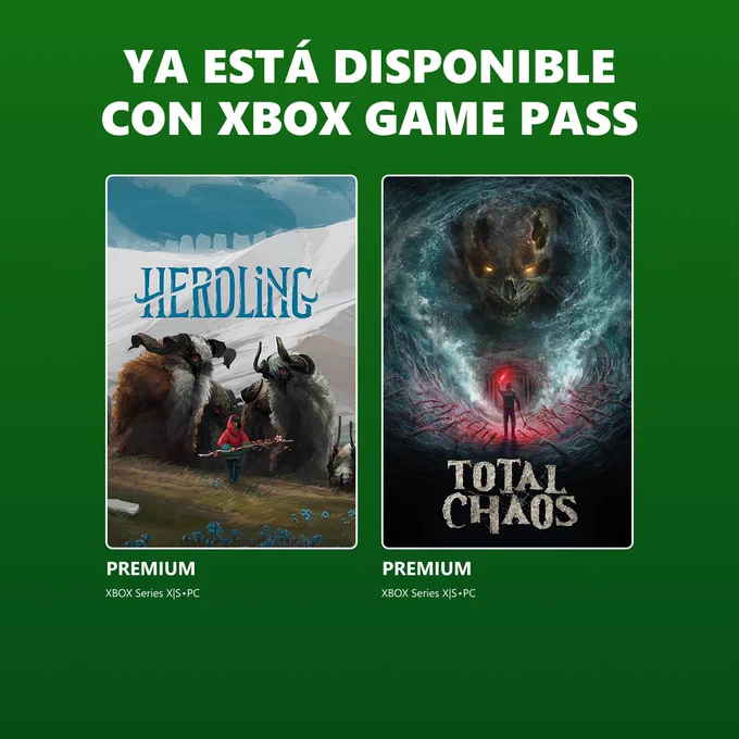Disponible hoy con XBOX Game Pass:
Herdling con XBOX Game Pass Premium en XBOX Series X|S y PC.
Total Chaos con XBOX Game Pass Premium en XBOX Series X|S y PC.