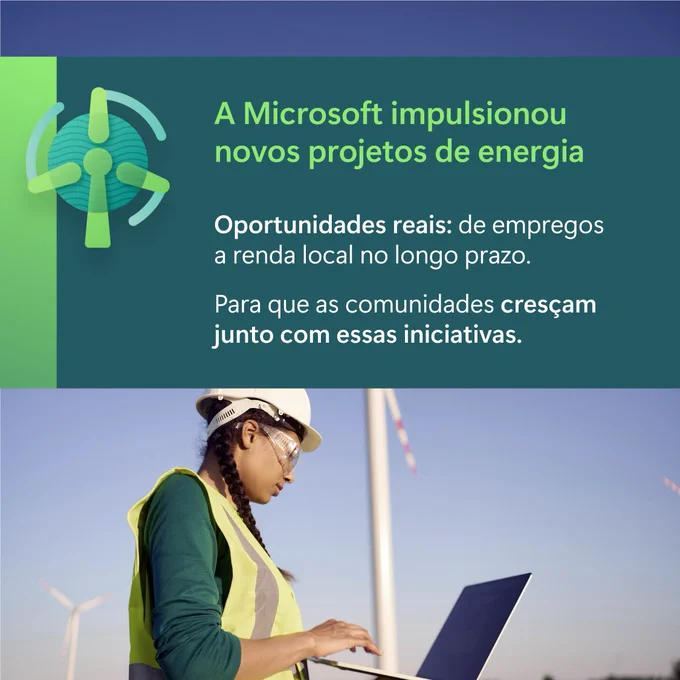 Pessoa com capacete usando laptop com aerogeradores ao fundo. Texto: “A Microsoft impulsionou novos projetos de energia. Oportunidades reais: de empregos a renda local no longo prazo. Para que as comunidades cresçam junto com essas iniciativas.”