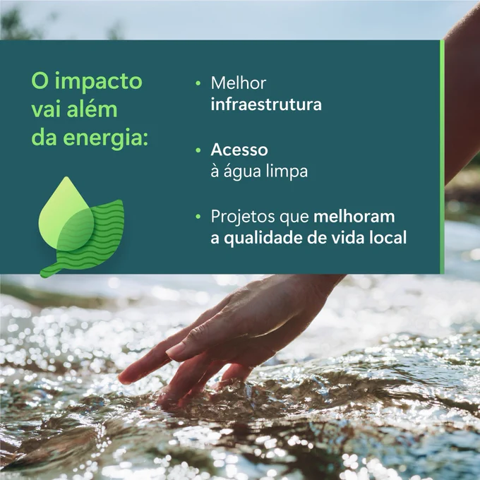 Mão tocando água corrente. Texto: “O impacto vai além da energia: • Melhor infraestrutura • Acesso à água limpa • Projetos que melhoram a qualidade de vida local”.