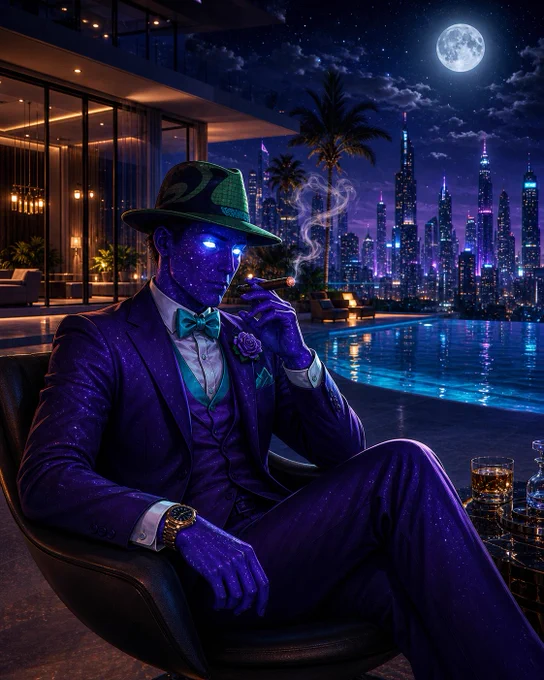 A stylish figure with glowing blue eyes sits by a pool at night, dressed in a purple suit and smoking, overlooking a city skyline.