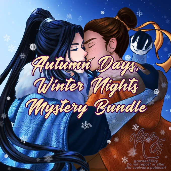 Mu Qing and Feng Xin are in an embrace, about to kiss. Mu Qing is holding a snowball behind Feng Xin's head, ready to shove it down his nape. Both are wearing warm, fluffy coats; Mu Qing's is light and dark blue with white fur, while Feng Xin's is orange with beige fur. The text Autumn Days, Winter Nights Mystery Bundle, written in pale yellow and cursive is transposed over the image