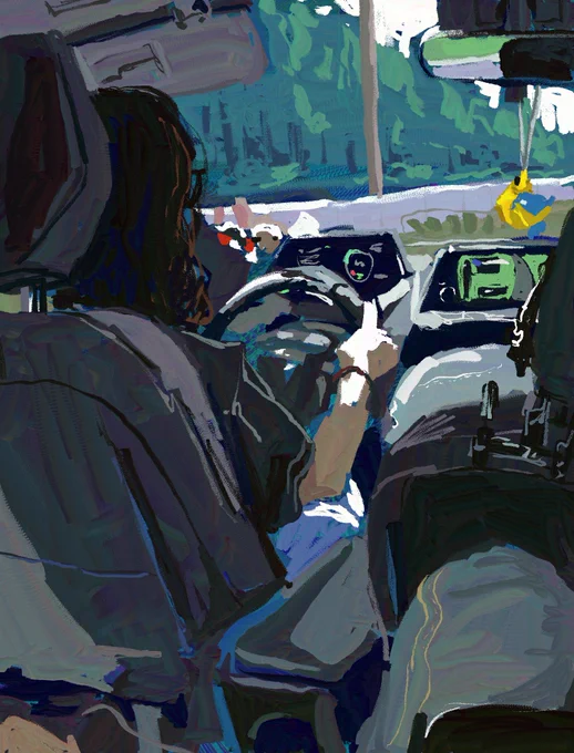 pov you're in the back of a car looking at the driver