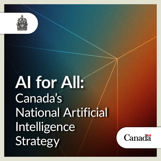 A spectrum of bright colours in the background with thin connected lines forming a geometric network in the foreground. Text: AI for All: Canada’s National Artificial Intelligence Strategy. 