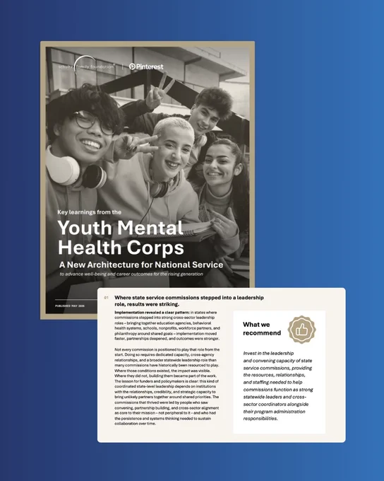 Poster titled "Key learnings from the Youth Mental Health Corps" with a group of diverse, smiling individuals waving. It discusses a new architecture for national service to provide mental wellbeing career opportunities. Below the poster is a section titled "What we recommend," highlighting the importance of state service commissions in leadership roles. The background is a gradient of blue tones.