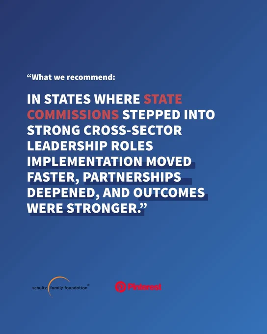 A graphic with a quote stating: "What we recommend: In states where state commissions stepped into strong cross-sector leadership roles, implementation moved faster, partnerships deepened, and outcomes were stronger." Logos of Schultz Family Foundation and Pinterest are at the bottom. The background is a blue gradient.