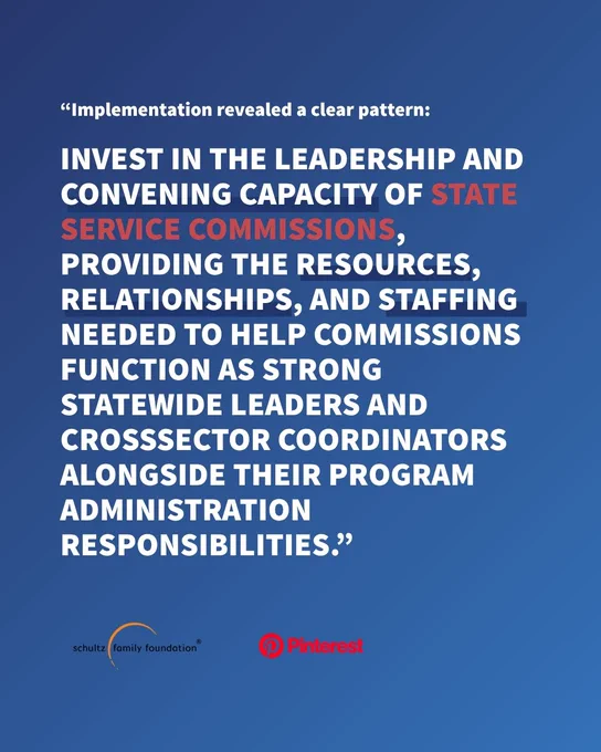The image is a graphic featuring a quote about state service commissions. The quote emphasizes investing in leadership and resources for state commissions to help them function effectively. The background is blue, and the quote attribution includes Schultz Family Foundation and Pinterest logos.