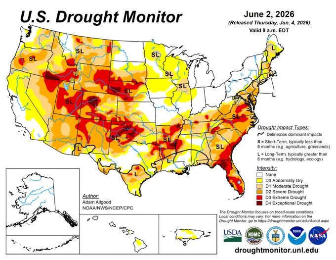 US Drought Monitor showing conditions for June 4, 2026. For more information and drought statistics, visit droughtmonitor.unl.edu.