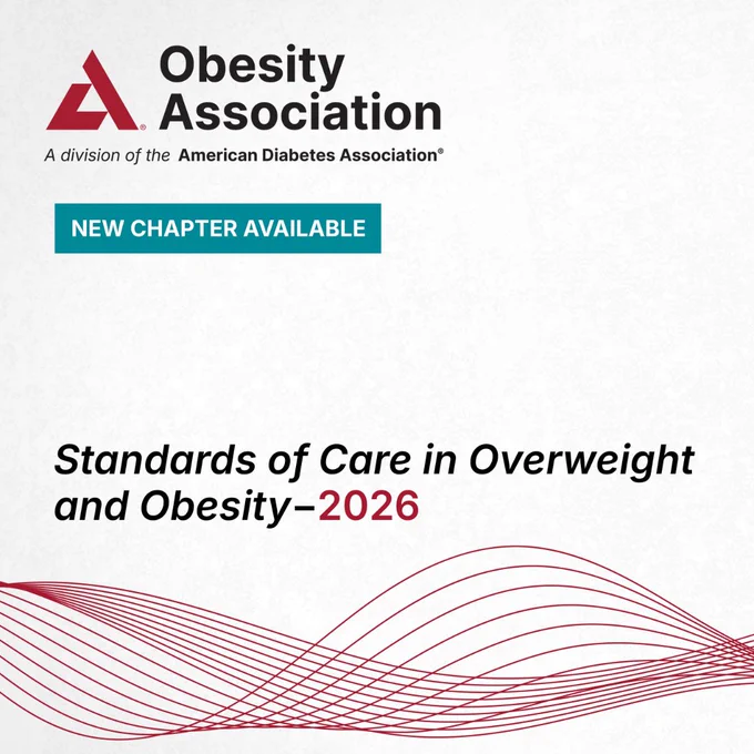 A graphic announcing a new chapter of the Standards of Care in Overweight and Obesity-2026, featuring the insignia of the American Diabetes Association
