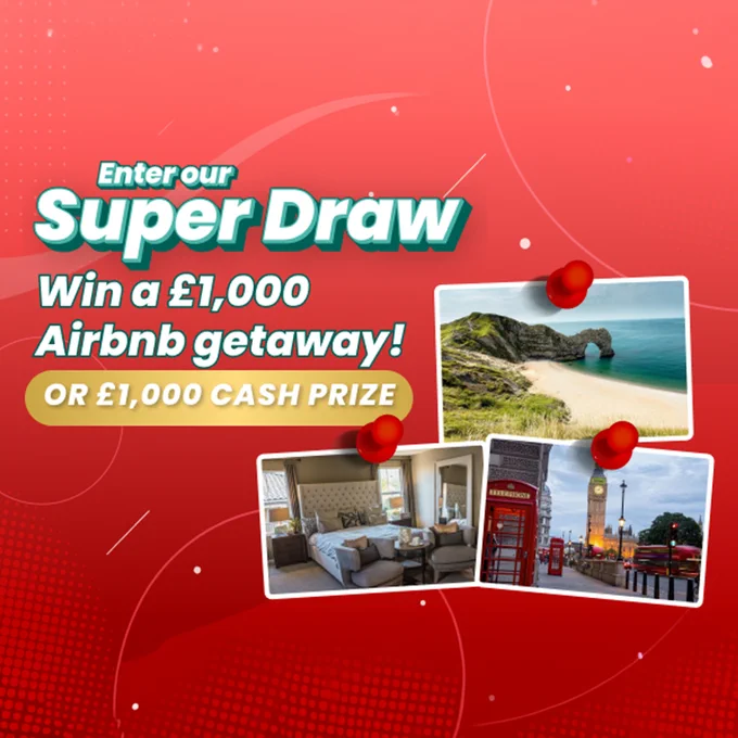 Promotional graphic with a red gradient background and pinned travel photos. Large text reads: “Enter our Super Draw. Win a £1,000 Airbnb getaway! OR £1,000 cash prize.” The photos show a coastal rock arch and beach, a hotel-style bedroom, and a London street scene with red telephone boxes and Big Ben.
