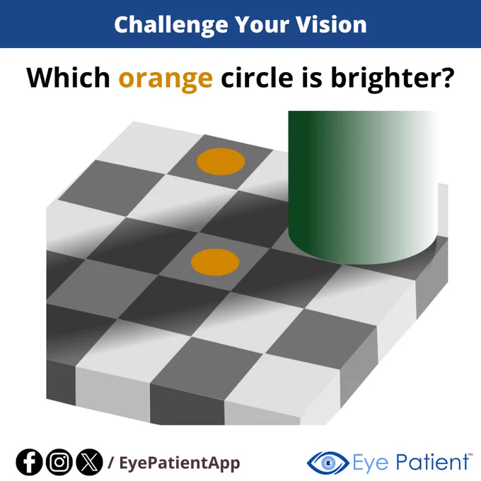 Do both orange circles look equally bright, or does one seem brighter than the other?

Your eyes and brain work together to interpret colors, light, and contrast but sometimes they can be fooled by visual illusions!

Take a closer look and comment with your answer. We'll reveal the science behind it soon.

Learn about your eyes through our extensive library, find an eye care professional near you, and monitor your vision with convenient tools on the #free Eye Patient app.

Available on Android & iOS:
https://onelink.to/eyepatientapp