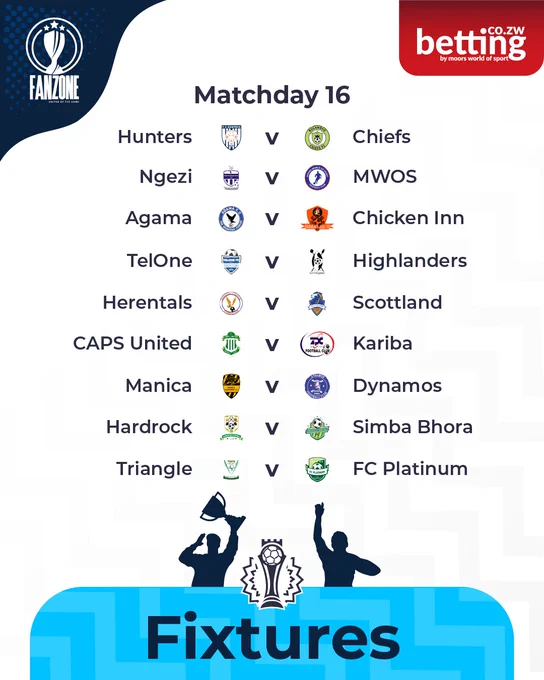 Graphic displaying football matches for Matchday 16 featuring various teams, with logos and a vibrant design.