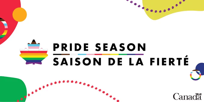 White background image with colourful pop art shapes around the edges; a maple leaf with the rainbow colours of the Progress Pride Flag, which are black, brown, light blue, light pink, white, red, orange, yellow, green, blue, and violet, and the words “Pride Season” and “Saison de la Fierté” appear in the middle; the Canada wordmark is in the bottom right corner