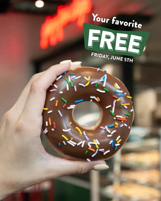 Offer available 6/5 only at participating U.S. Krispy Kreme shops only and is subject to product availability. See full terms at https://www.krispykreme.com/offers/national-doughnut-day
