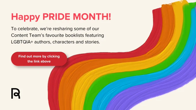 This image features a colorful rainbow stripe on the right. On the left, it reads “Happy PRIDE MONTH!” followed by a message about sharing booklists featuring LGBTQIA  authors, characters, and stories. There's a red button prompting to click a link above.