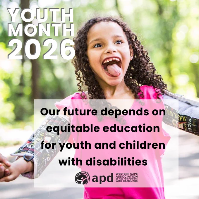 ID: An image showing a happy & smiling young girl wearing a pink top.  In the top left corner is white text YOUTH MONTH 2026, and in a shaded area in the middle bottom is black text "Our future depends on equitable education for youth and children with disabilities" and WCAPD's logo below,

