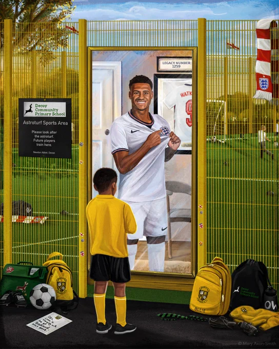 A young Ollie Watkins is stood in his grassroots kit looking at a mirror at the reflection of his present self stood in an England kit.