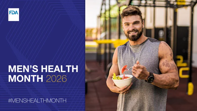 A person smiles while holding a bowl of salad and cutlery in a fitness area. Text on the image reads "Men's Health Month 2026 #MensHealthMonth," with an FDA logo shown.