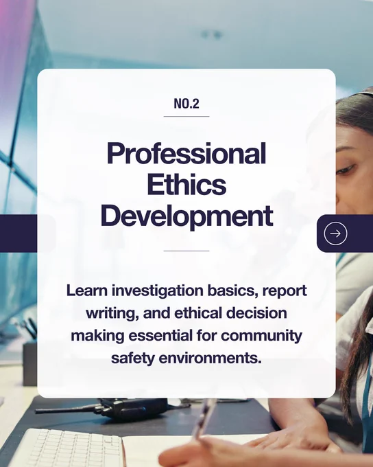 A learning environment with students in the background highlights professional ethics development, including investigation basics, report writing, and ethical decision-making related to community safety settings.