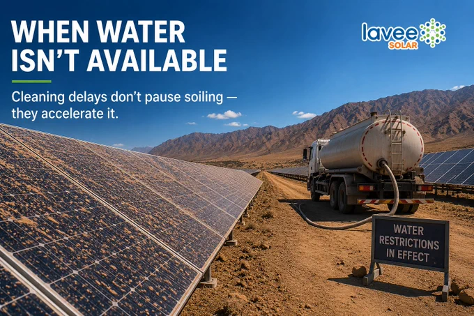 Solar panels in a dry, desert-like environment are covered in visible dust. A water tanker truck is parked beside the array with a hose connected, and a nearby sign reads “Water Restrictions in Effect.” The scene shows how limited water availability can delay cleaning and allow soiling to build on solar panels.
