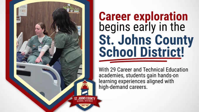 A student practices patient care skills under instructor supervision in a St. Johns County School District career program.