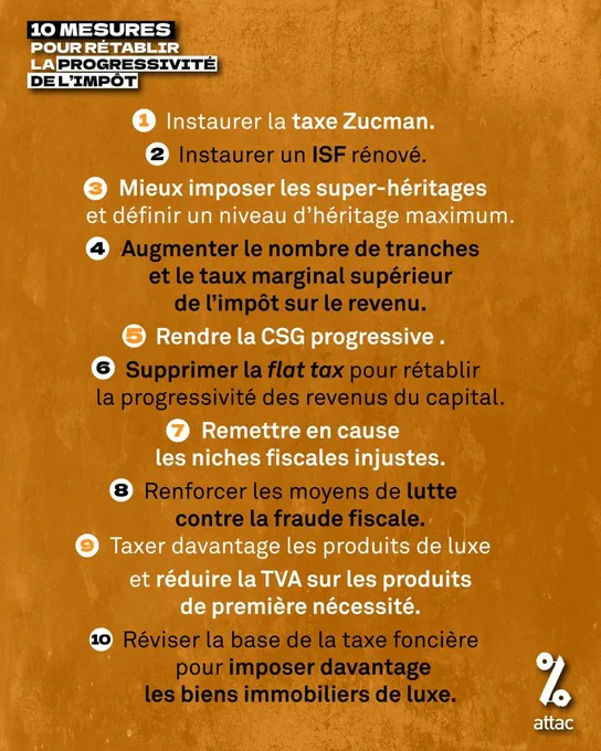 Visuel avec 10 mesures pour rétablir la progressivité de l'impôt. Ces mesures sont détaillées dans ce thread