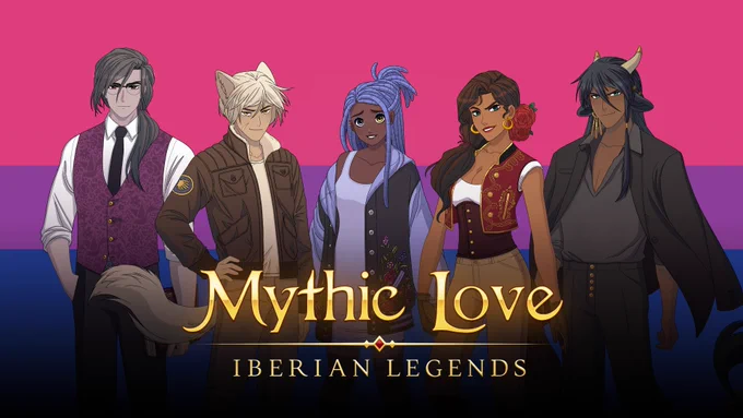 5 main characters from Mythic Love: Iberian Legends with the bisexual flag