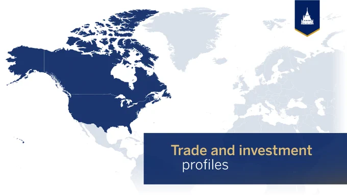 Featured research publications: Trade and investment profiles, with a world map highlighting Canada and the United States.