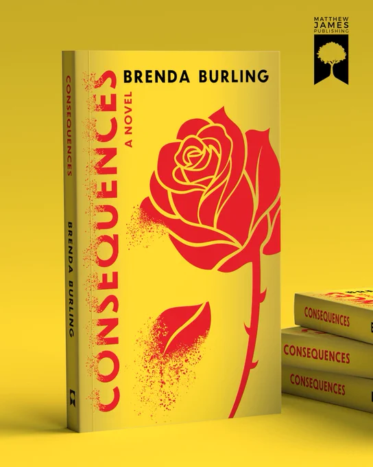 Copies of Consequences presented on a yellow background. One book stood up showing the cover, three others to the right in a pile.