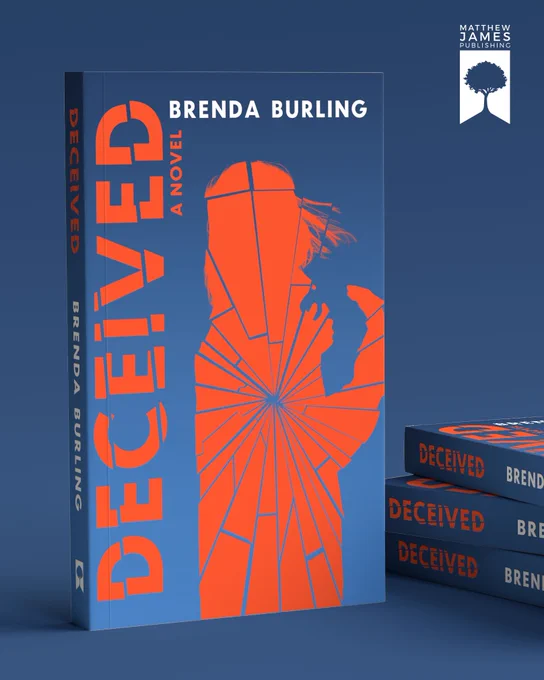 Copies of Deceived presented on a blue background. One book stood up showing the cover, three others to the right in a pile.