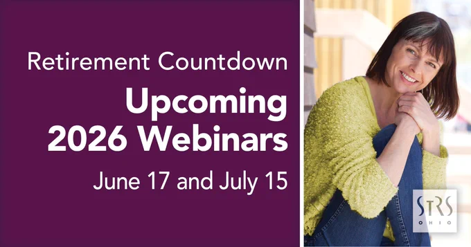 Person smiling with the text "Retirement Countdown Upcoming 2026 Webinars June 17 and July 15."