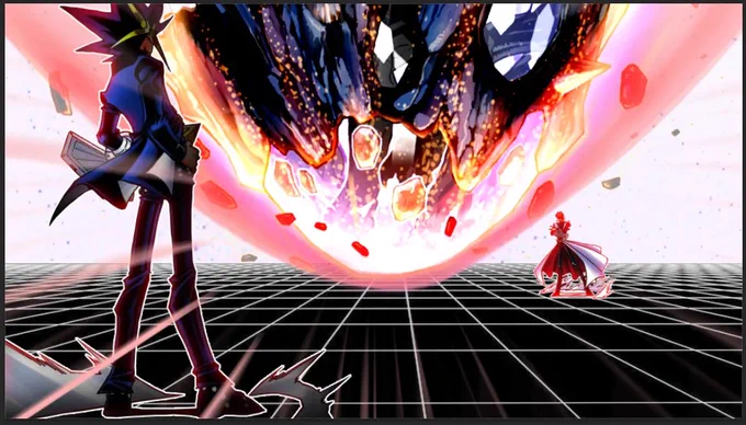 a picture of nibiru falling in between a heavily contrasted duel between yugi and kaiba standing on a grid of black squares