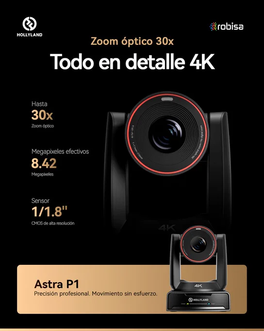 Primer plano de lente de cámara con texto ‘Zoom óptico 30x’ y ‘Todo en detalle 4K’, junto a especificaciones de 30x zoom, 8.42 megapíxeles y sensor 1/1.8”, con la cámara Astra P1 en la parte inferior.