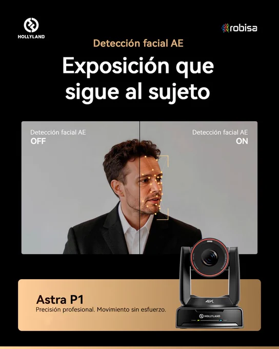 Comparativa de detección facial sobre retrato con mitad ‘OFF’ y mitad ‘ON’ mostrando puntos de seguimiento, con texto ‘Detección facial AE’ y ‘Exposición que sigue al sujeto’, junto a la cámara Astra P1 en la parte inferior