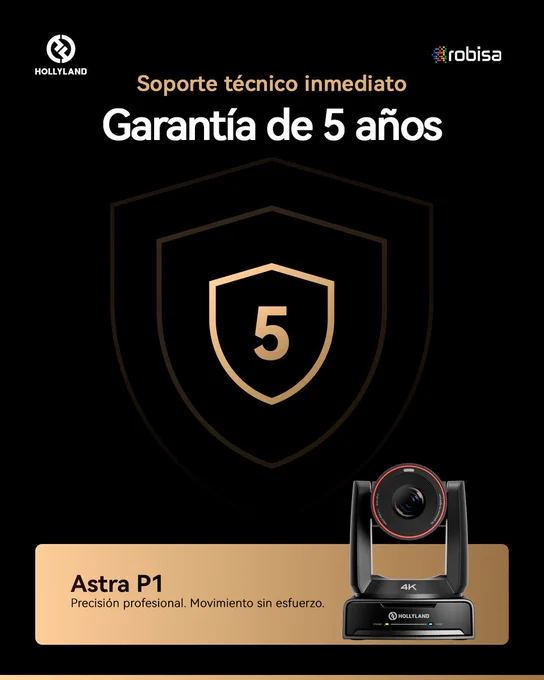 Gráfico de escudo con número 5 en el centro sobre fondo negro, con texto ‘Soporte técnico inmediato’ y ‘Garantía de 5 años’, junto a la cámara Astra P1 en la parte inferior.